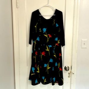 Fit and flare black with blue and red floral 3/4 sleeve dress from Eshakti